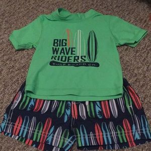 Rash guard, trunks and hat